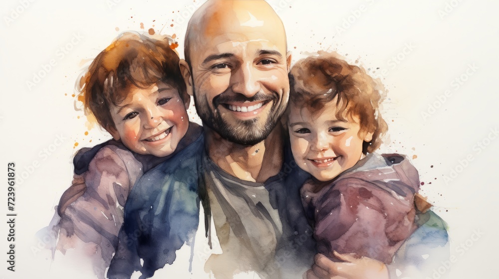 Man with a friendly smiling face with children on a white background, watercolor.