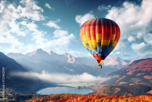 Colorful hot air balloon floating in the clear sky above the lake and mountains
