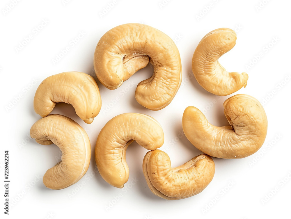 Cashews isolated on white background in minimalist style. Studio photography. 