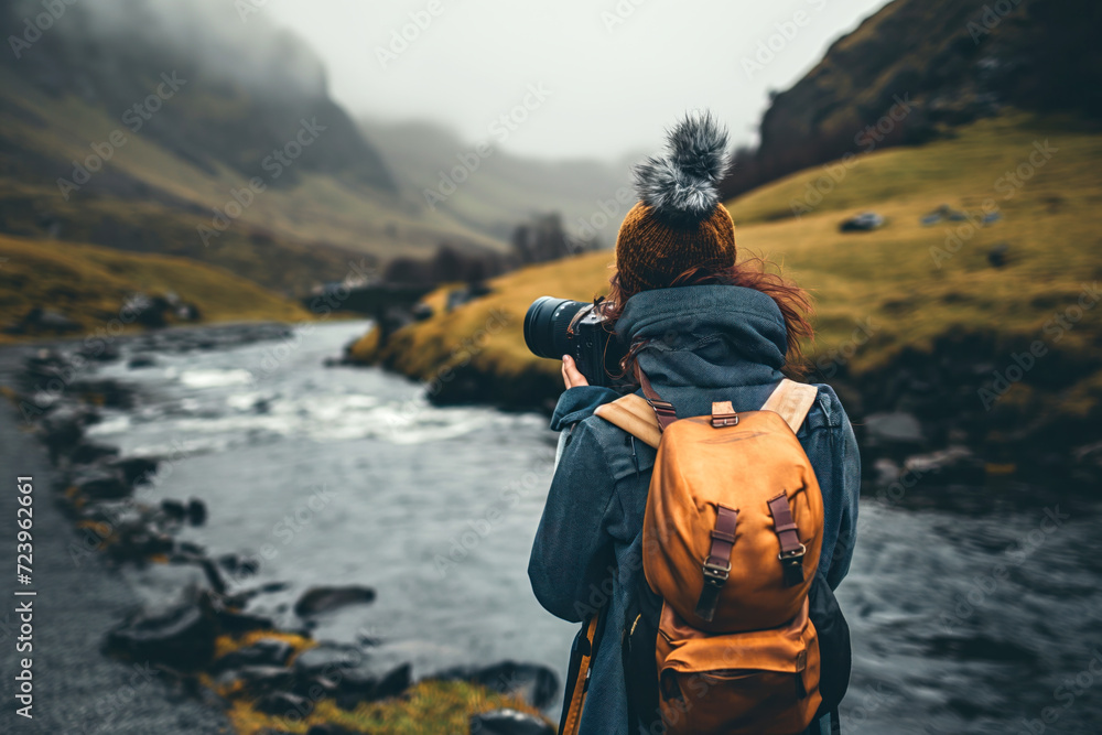 A woman looking towards a river, in the style of adventure themed. A woman looking towards a river, in the style of adventure themed.