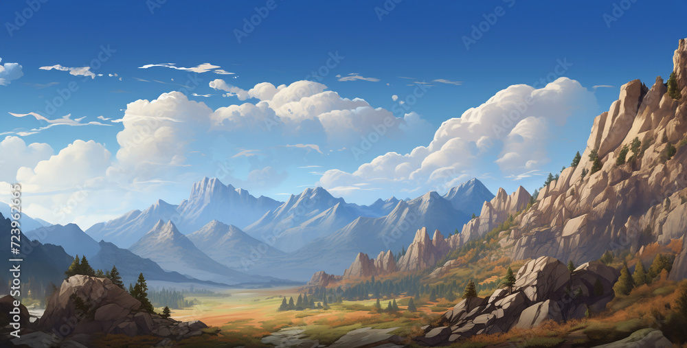 Beautiful fantasy landscape with green meadow and mountains. 3d render, Fantasy alien planet. Mountain and lake. 3D illustration.