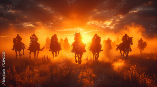 Herd of wild horses running at sunset with dust behind, majestic There is light passing through the dust. © PT