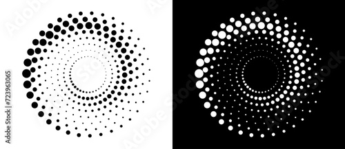 Modern abstract background. Halftone dots in circle form. Spiral logo, icon or design element. Black dots on a white background and white dots on the black side.