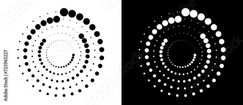 Modern abstract background. Halftone dots in circle form. Spiral logo, icon or design element. Black dots on a white background and white dots on the black side.