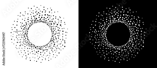 Modern abstract background with dots in circle form. Logo, icon or design element. Black dots on a white background and white dots on the black side. photo