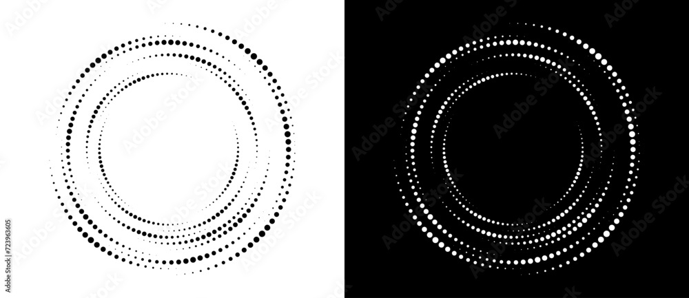 Modern abstract background. Halftone dots in circle form. Spiral logo, icon or design element. Black dots on a white background and white dots on the black side. Modern abstract background. Halftone dots in circle form. Spiral logo, icon or design element. Black dots on a white background and white dots on the black side.