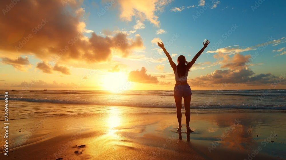 Joyful Woman Embracing the Openness of a Beach Setting Generative AI