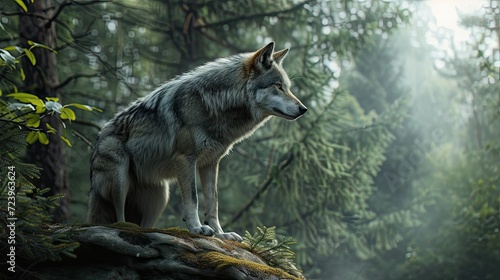 n the dense forest, a majestic grey wolf stood on a rocky ledge, its piercing eyes gazing into the distance,  © chaynam
