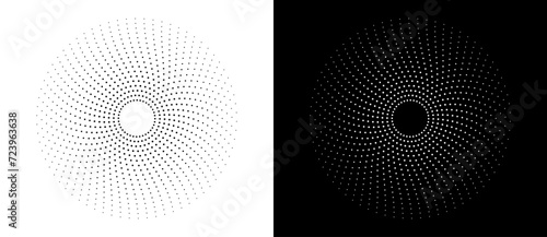 Modern abstract background. Halftone dots in circle form. Spiral logo, icon or design element. Black dots on a white background and white dots on the black side.