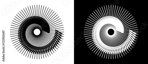 Spiral ans circle with lines as dynamic abstract vector background or logo or icon. Black shape on a white background and the same white shape on the black side.