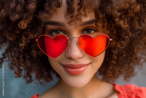 Closeup portrait of beautiful young woman model, wearing red heart shaped sunglasses