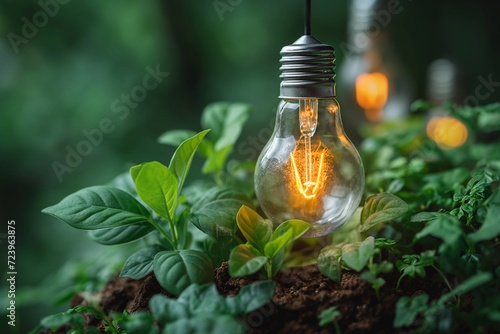 A bulb hanging above a plant. Save energy and idea concept.