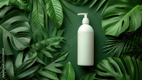White blank tall shampoo bottle with tropical leaves on the green background with copy space, template mockup for cosmetic packaging, product advertising concept. photo