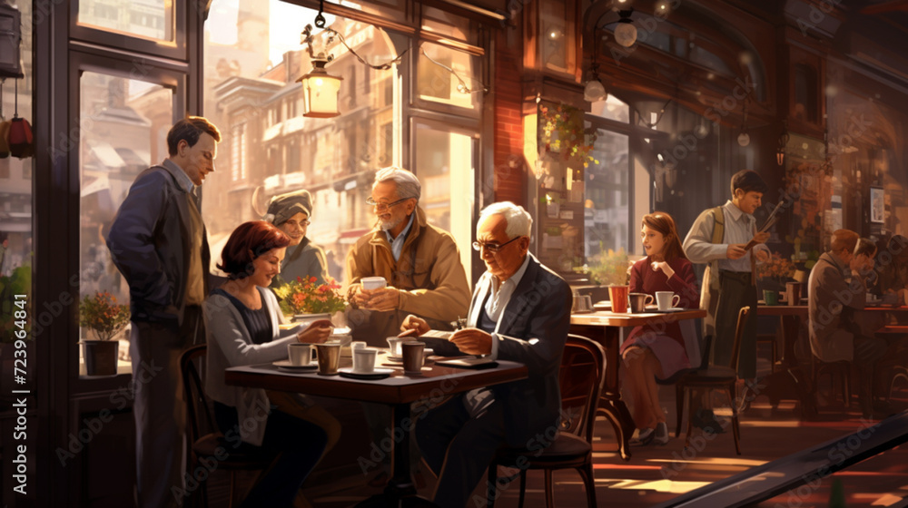 Everyday life scene in a cozy cafe, people enjoying their coffee, capturing the essence of daily small joys