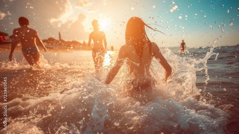 Fototapeta premium Group of People Walking Into the Ocean at Sunset Generative AI