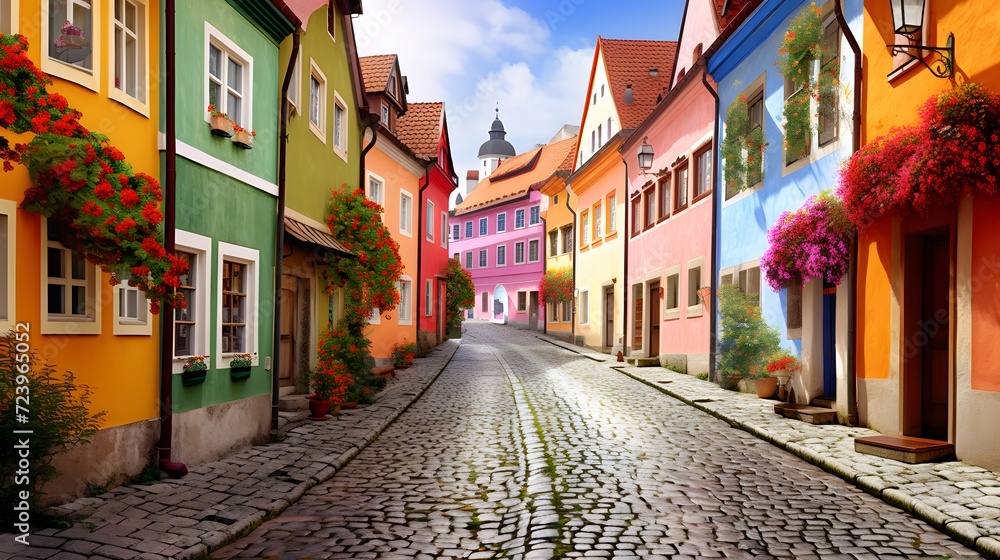 Fototapeta premium Colorful street in the old town of Cesky Krumlov, Czech Republic