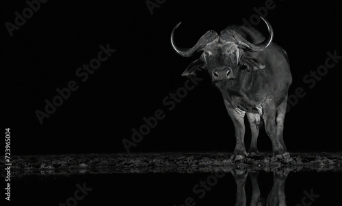 Bild auf Leinwand African Southern Buffalo pauses before taking a drink at Tamboti overnight hide, Zimanga Private Game Reserve, KwaZulu Natal
