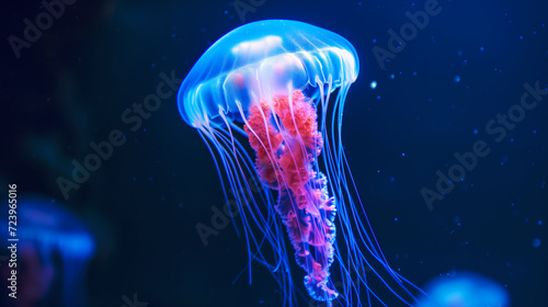 Blue and red luminescent jellyfish swimming in the deep sea