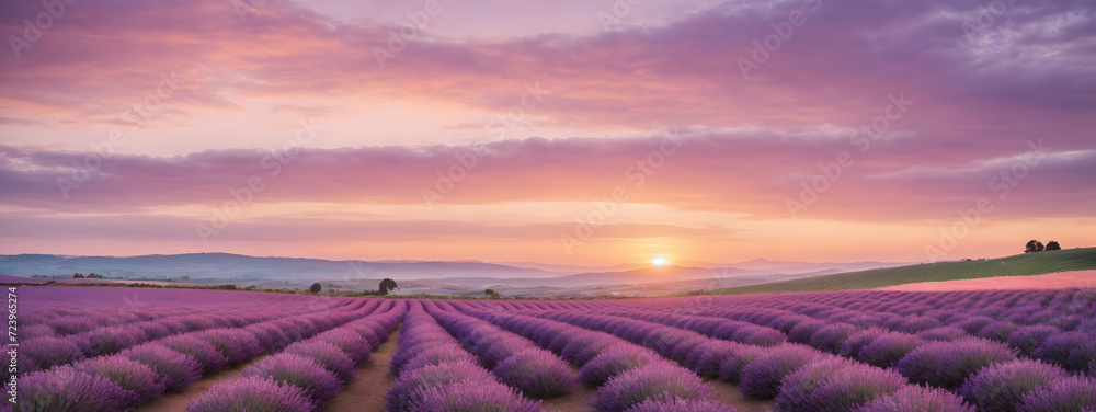 Picturesque lavender fields in full bloom under a pastel-colored sunset sky. Wide format.