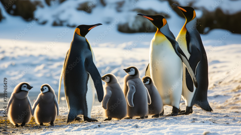 Fototapeta premium King penguin family with babies standing in an arctic winter landscape with snow