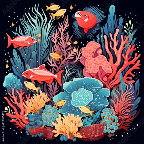 Stylized Illustration of a Colorful Coral Reef Ecosystem with Marine Fauna © Miva
