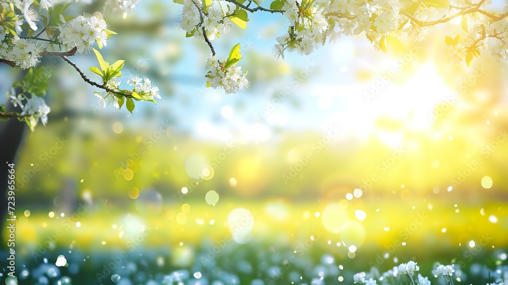 Sunny Day in Nature, Blurred Spring Background with Blooming Trees and Blue Sky