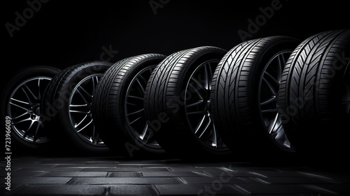 New Car Tires Banner    Automotive Parts on Dark Background with Copy Space