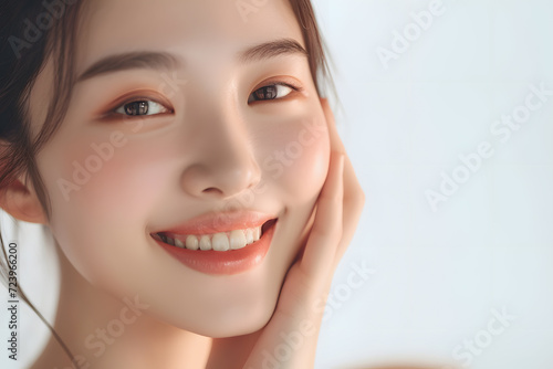Closeup Beautiful smiling asian korean woman touch face with smooth healthy skin