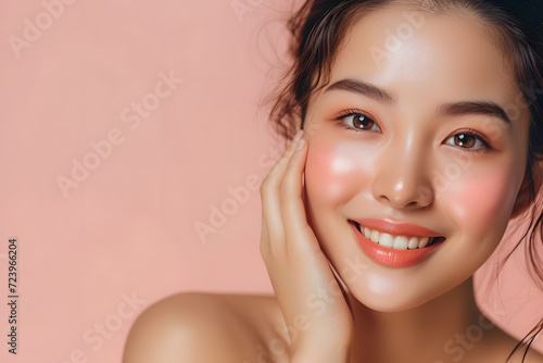 Closeup Beautiful smiling asian korean woman touch face with smooth healthy skin