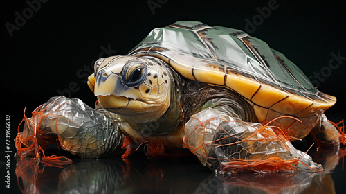 The turtle got entangled in a plastic net and garbage. The concept of ecology problems of garbage waste in sea water, in the ocean. On a black background