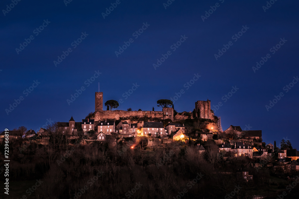 Nightfall over the medieval castle and town of Turenne in the Correze region of Nouvelle-Aquitaine in France