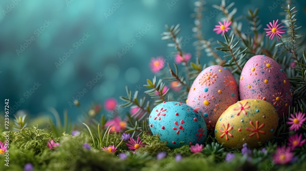Group of Painted Eggs on Lush Green Field Group of Painted Eggs on Lush Green Field