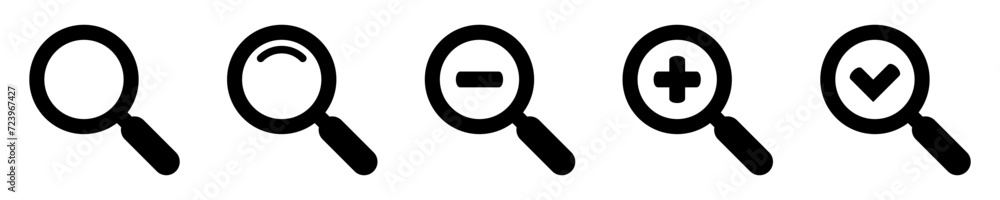 Magnifying glass simple icon collection. Search icon set, zoom in and zoom out icons. Magnifier or loupe with check mark sign. Vector illustration. Magnifying glass simple icon collection. Search icon set, zoom in and zoom out icons. Magnifier or loupe with check mark sign. Vector illustration.
