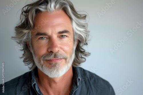 Closeup portrait of gray haired man, joyful and optimistic isolated on light background