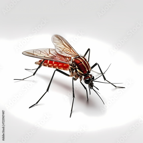 Closeup of black and white mosquito, full of blood inside, isolated on white background. Aedes aegypti dengue mosquito. Prevention. © AdrianGomezFoto