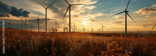 Wind turbines gracefully dot the hills, symbolizing the power of renewable energy and the commitment to environmental and ecological electricity alternatives