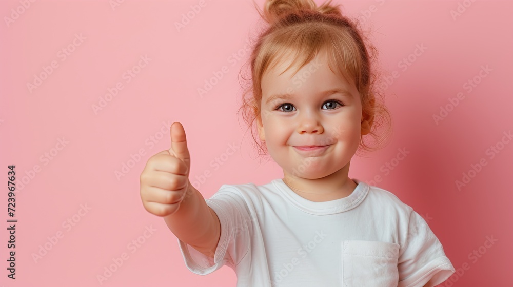 a toddler giving a thumbs up on pastel pink background a toddler giving a thumbs up on pastel pink background