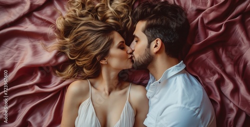 Caucasian Man and Woman Engaging in Passionate Kiss While Laying in Generative AI