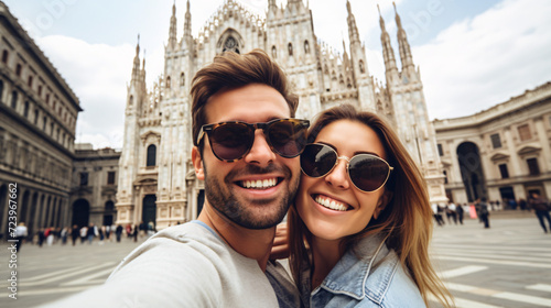 Happy young couple taking selfie in front of Duomo in Milan, Italy © Argun Stock Photos