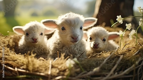cute newborn lambs on a farm. Generative AI