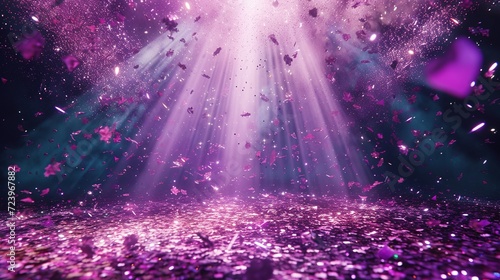Iridescent confetti creating a magical display on an enchanting stage, bathed in the glow of a central light beam, providing a whimsical mockup for events like fairy-tale-themed parties, New Year photo