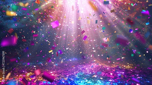 Iridescent confetti creating a magical display on an enchanting stage, bathed in the glow of a central light beam, providing a whimsical mockup for events like fairy-tale-themed parties, New Year's ex