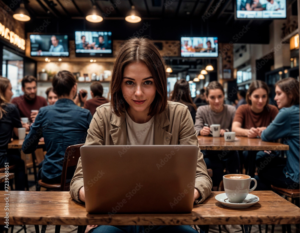 woman smiling and sitting at a table with a laptop and a cup of coffee. She is focused on her work. There are other people in the background, engaged in their own activities. woman smiling and sitting at a table with a laptop and a cup of coffee. She is focused on her work. There are other people in the background, engaged in their own activities.
