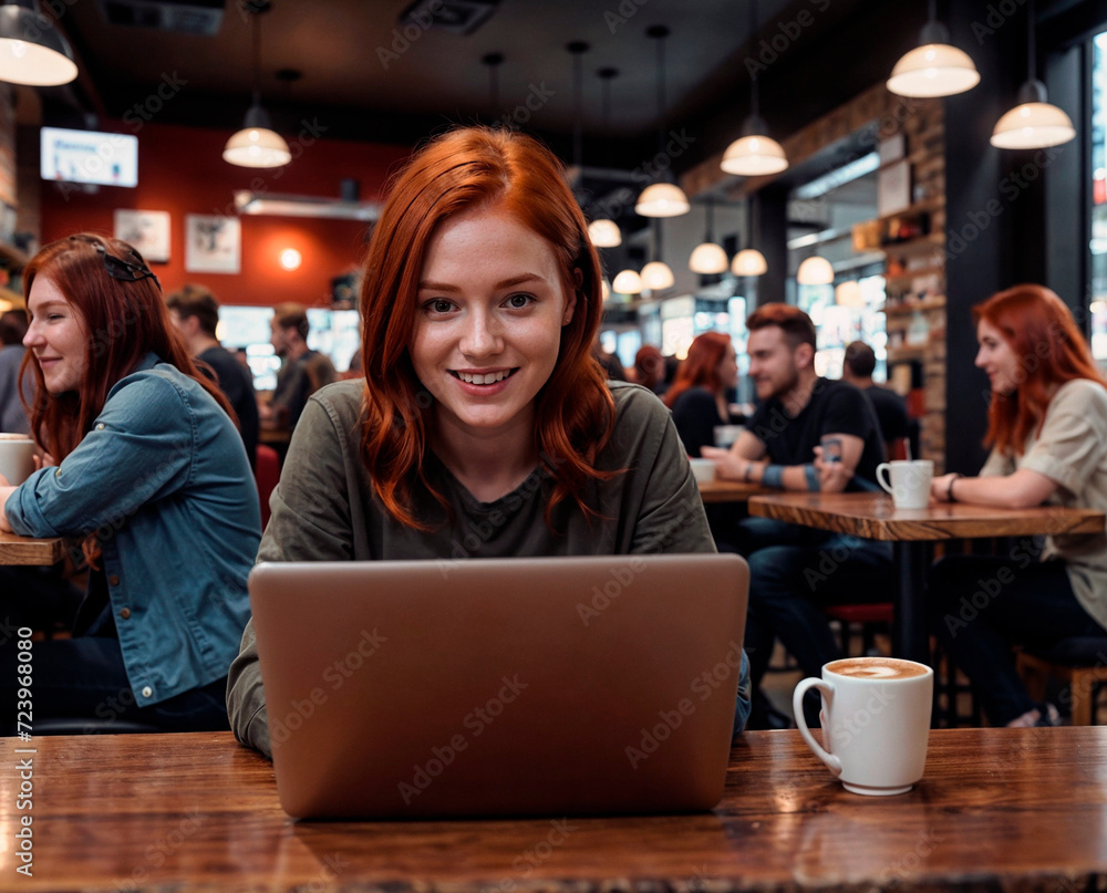 Girl smiling and sitting at a table with a laptop and a cup of coffee. She is focused on her work. There are other people in the background, engaged in their own activities. 