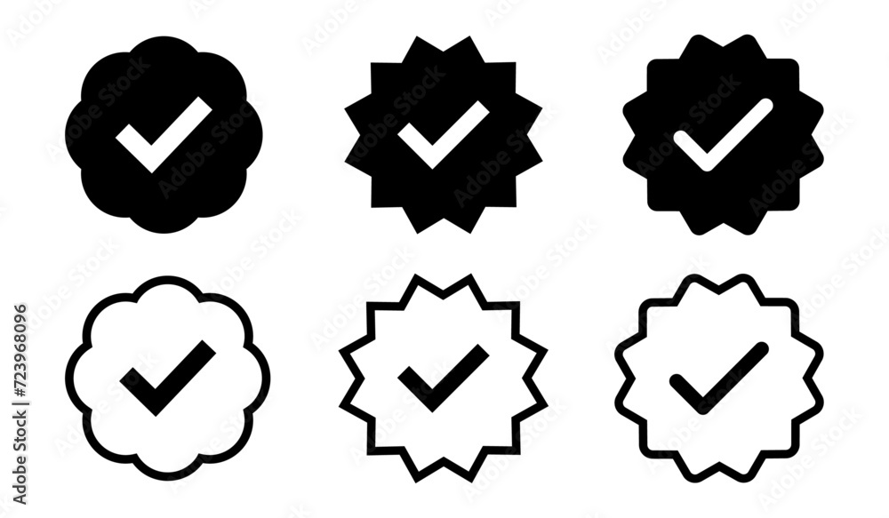 Black tick verified symbol icon set with fill and stroke. Tick, right, v, verification symbol. accept, vote, choice symbol for use in apps, profiles and bio. - obrazy, fototapety, plakaty 