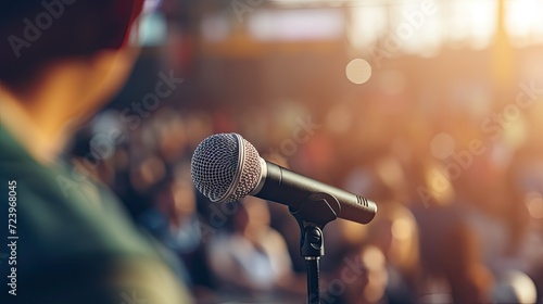 man speaking to Pop microphone on the blurred background of the stage. Generative AI	