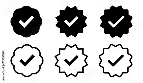 Black tick verified symbol icon set with fill and stroke. Tick, right, v, verification symbol. accept, vote, choice symbol for use in apps, profiles and bio. photo
