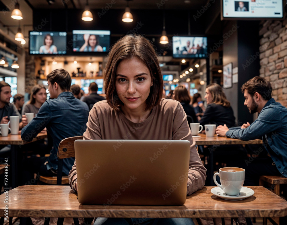woman smiling and sitting at a table with a laptop and a cup of coffee. She is focused on her work. There are other people in the background, engaged in their own activities. woman smiling and sitting at a table with a laptop and a cup of coffee. She is focused on her work. There are other people in the background, engaged in their own activities.