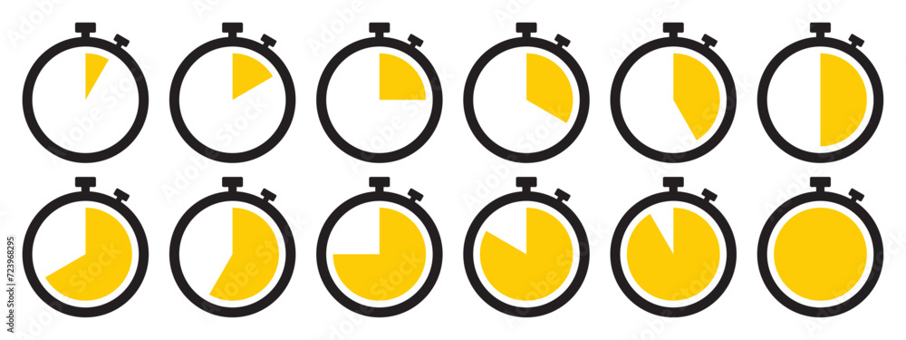 Fototapeta premium Stopwatch icon set in yellow color. Stopwatch symbol set. Collection of timer icon set in yellow color on white background. Countdown clock stopwatch, timer vector illustation.