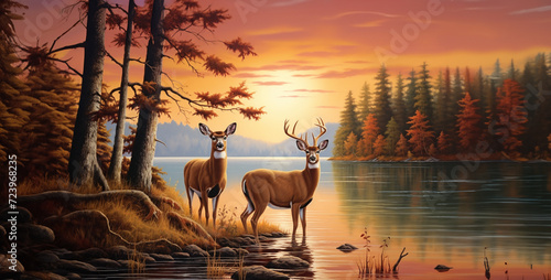 Two deer in the swamp at sunset. 3d render illustration.Autumn landscape with deer and lake. 3d render illustration.